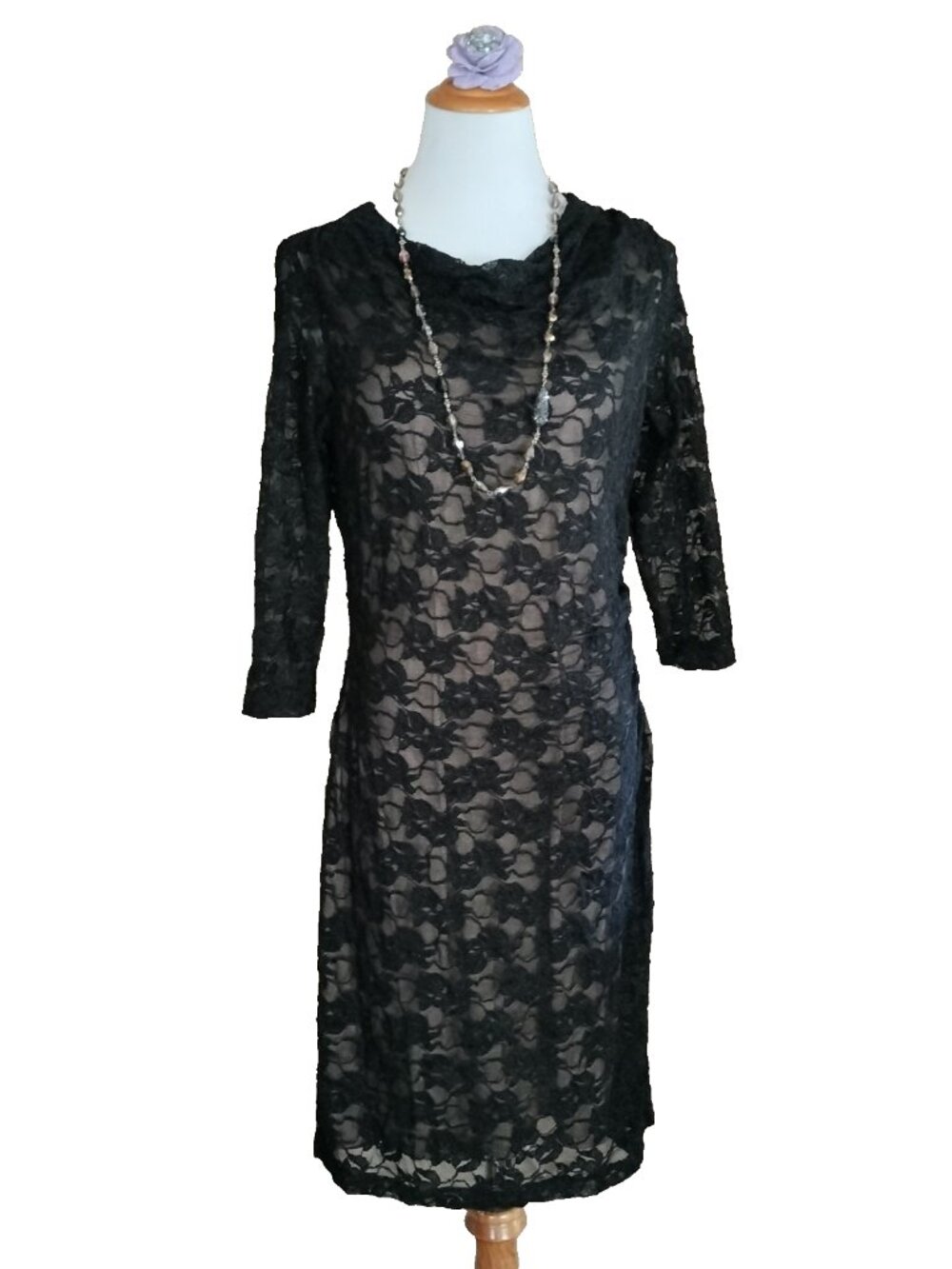 Coldwater Creek Stretch Lace Sheath Dress 12 Black w/Nude Lining 3/4 Sleeve USA